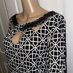 XL INC International Concepts BLACK & WHITE Tunic with Beaded Trim LS Shirt